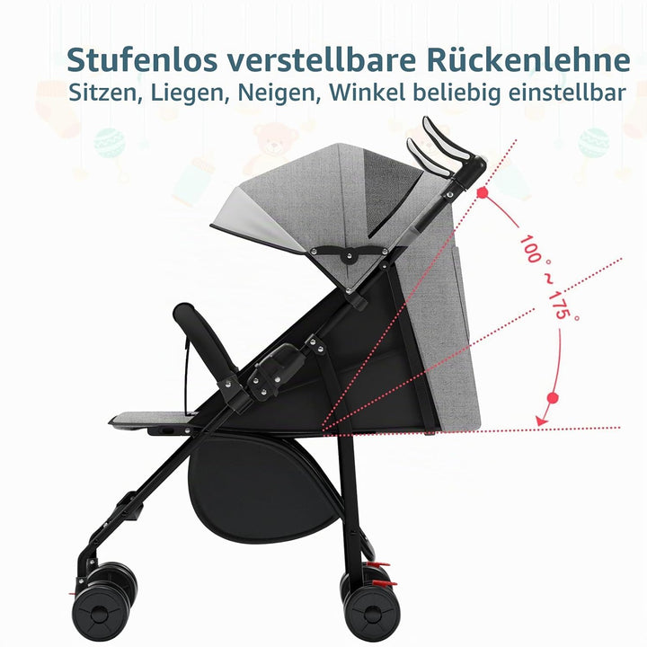 Kompakter Kinderwagen, 0 – 36 Monate, faltbar, mit Aufbewahrungskorb, Rückenlehne, neigbare Rückenle