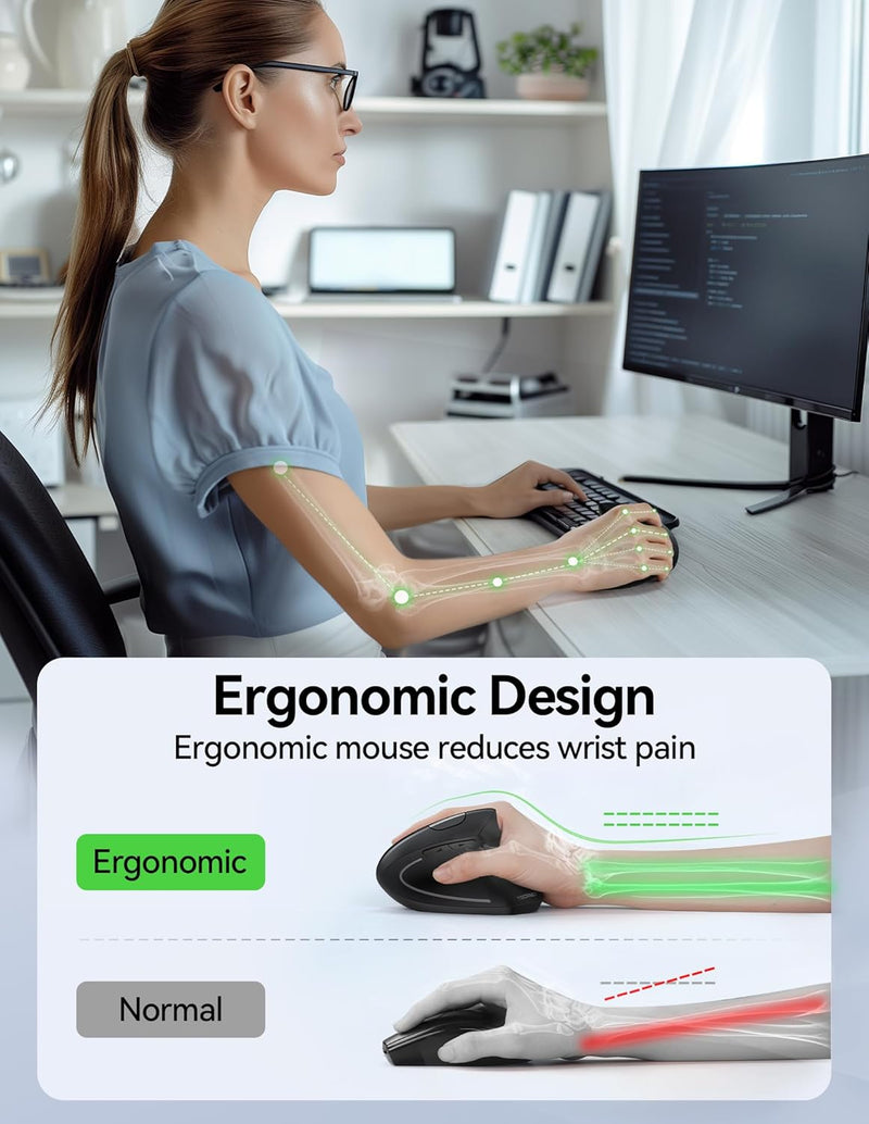 TECKNET Ergonomische Maus Kabellos, 2.4G USB Optische Vertikale Maus Ergonomisch mit Ladekabel, 800/