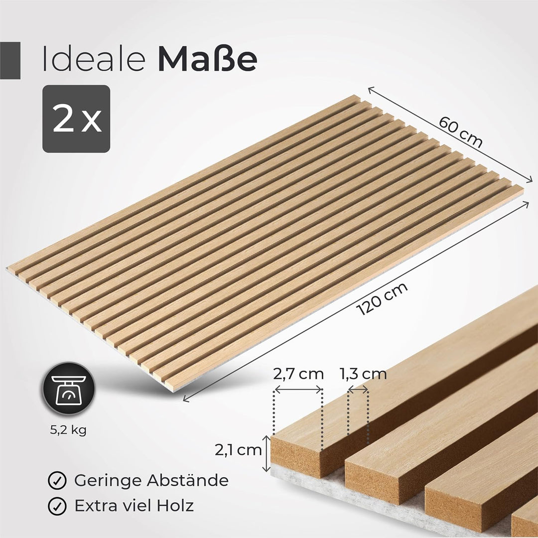 Akustikpaneele Holz - 120x60cm - Echtholz Eiche & Akustikfilz | 2 Stück - Wandpaneele, Schalldämmung