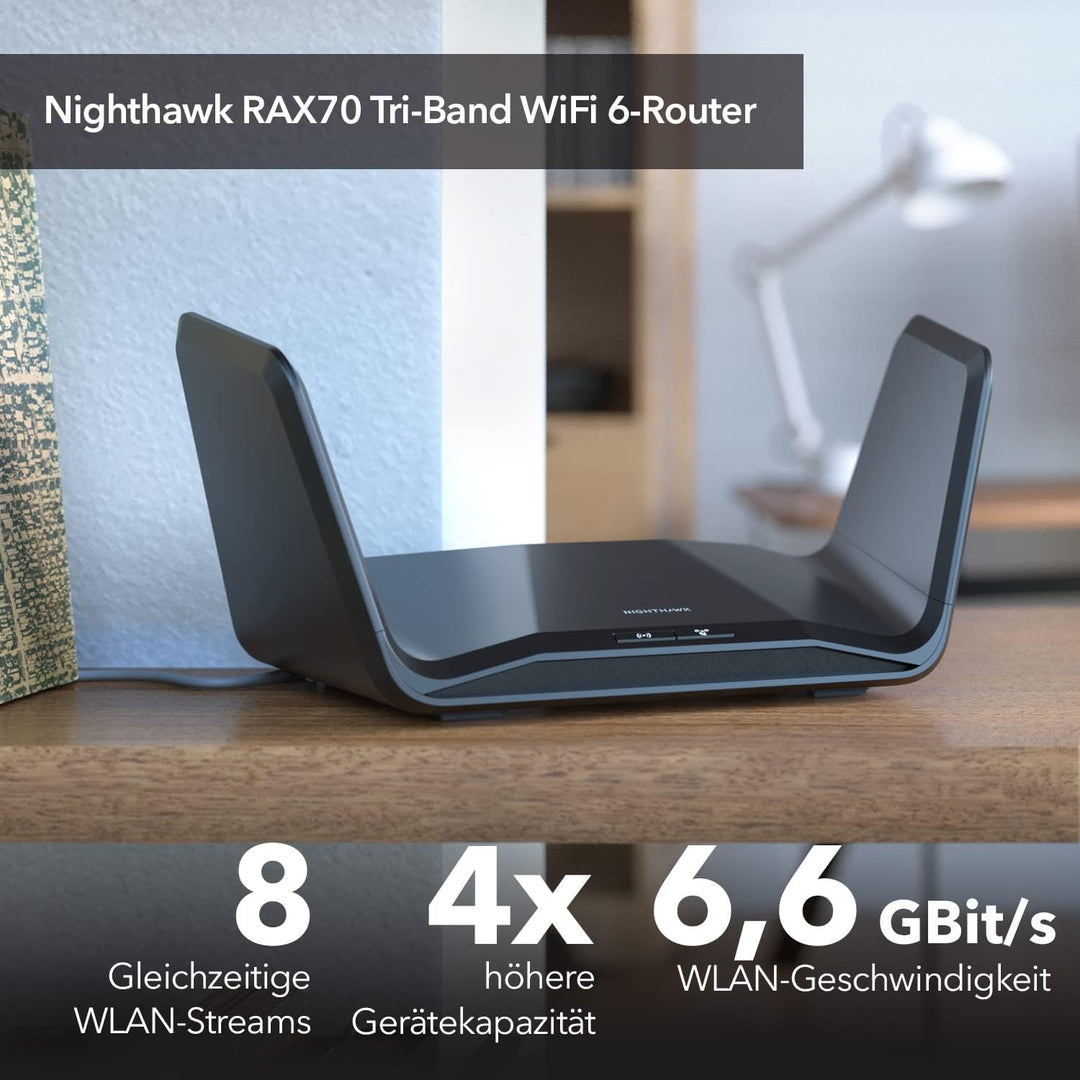 NETGEAR RAX70 WiFi 6 Router AX6600 TriBand (8 Streams mit bis zu 6,6 GBit/s, Nighthawk WLAN Router A