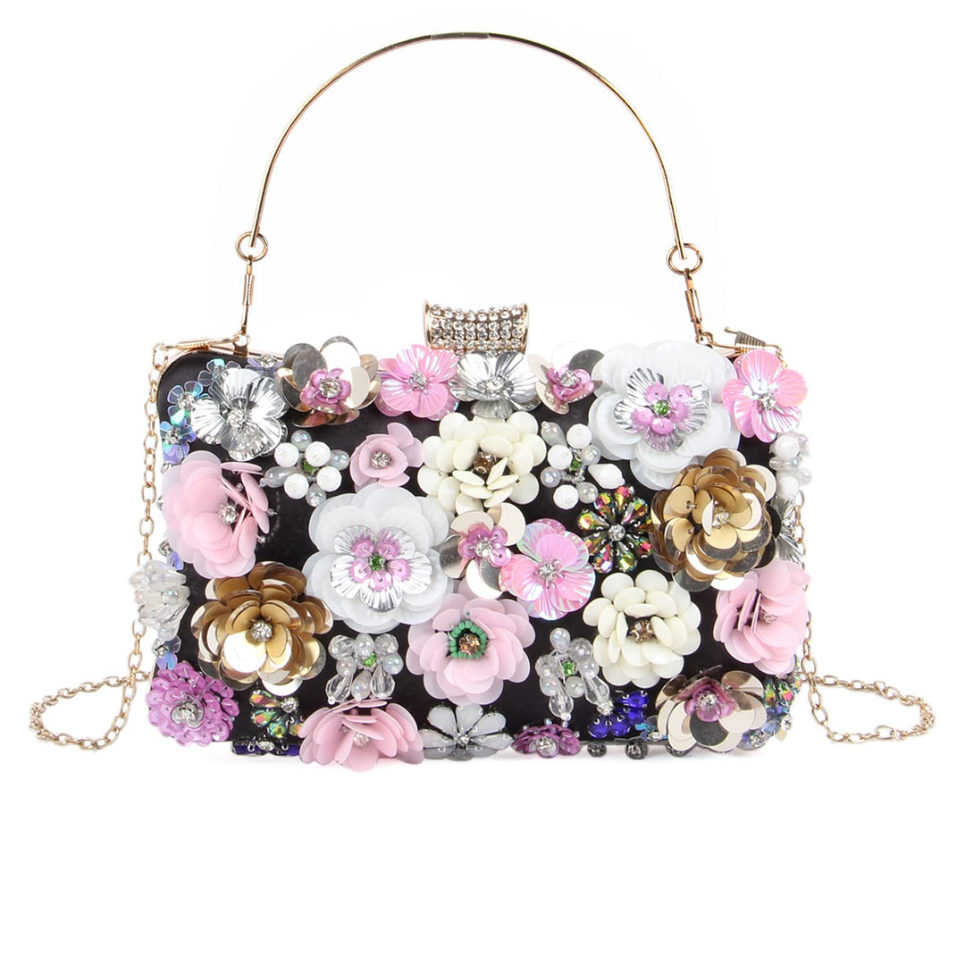 Fecialy Blumen-Clutch-Abendtaschen für Damen mit bunten Blumen-Metall-Strasssteinen Abend-Clutch-Gel