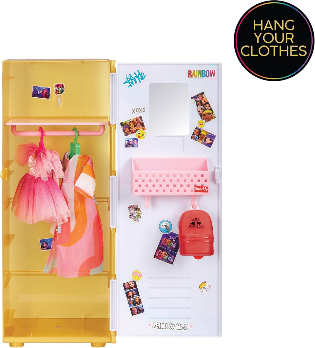 Rainbow High Design & Style - Spind-Spielset mit Regalen, Kleiderbügeln, Zubehör und Stickern, für K