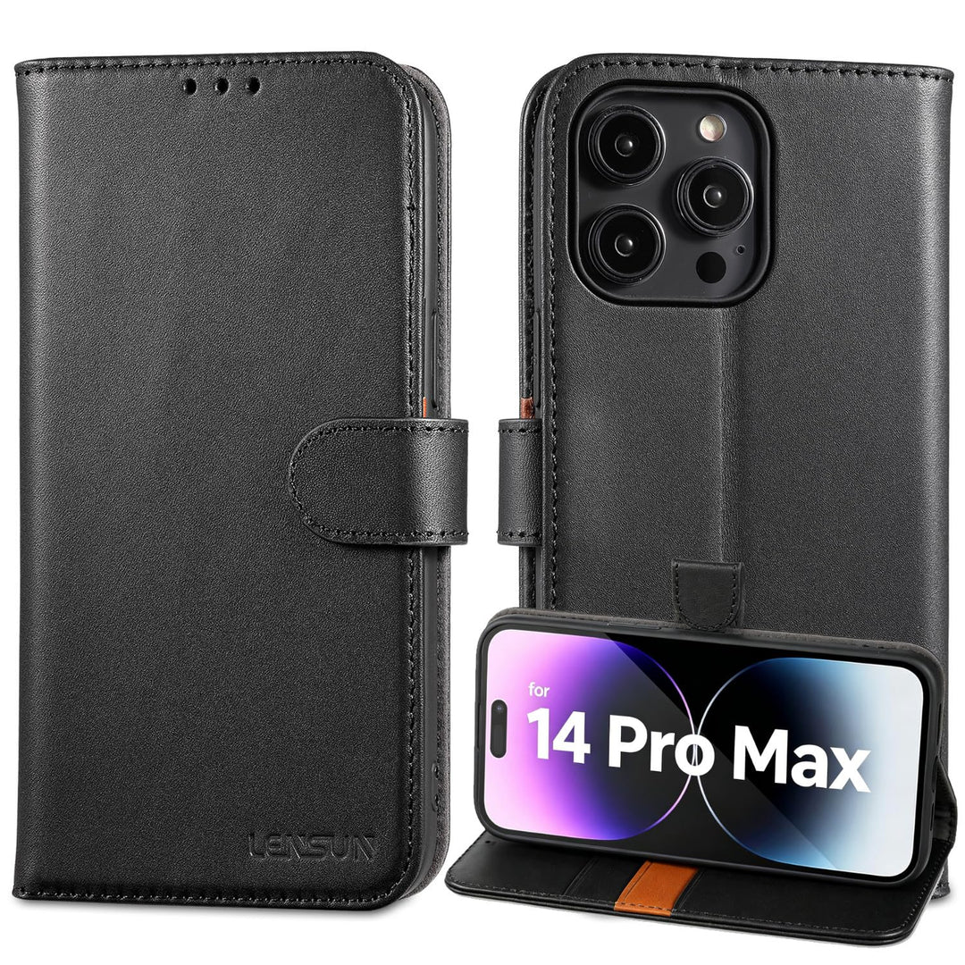 LENSUN Echtleder Hülle für iPhone 14 Pro Max, Handyhülle [Echtes Leder][Magnetverschluss][RFID Schut