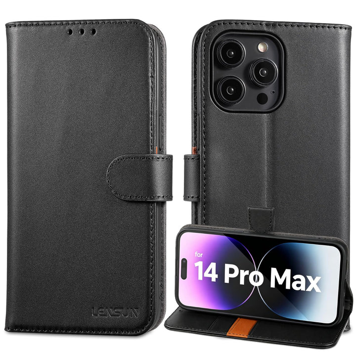 LENSUN Echtleder Hülle für iPhone 14 Pro Max, Handyhülle [Echtes Leder][Magnetverschluss][RFID Schut