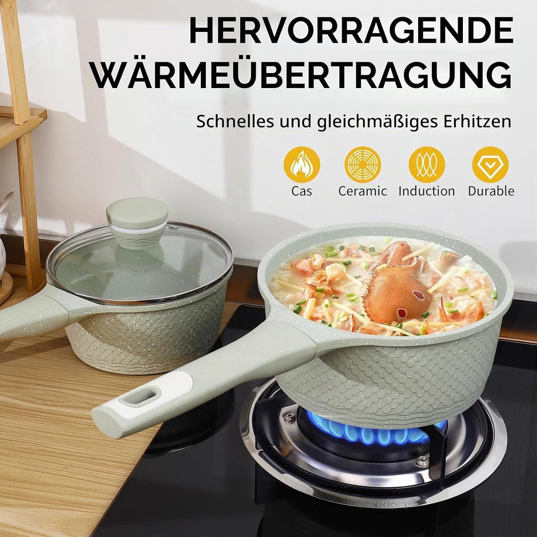 DYGG Stielkasserolle 16 cm mit Deckel 1.5L - Töpfe Antihaftbeschichtet für alle Herde inkl. Induktio
