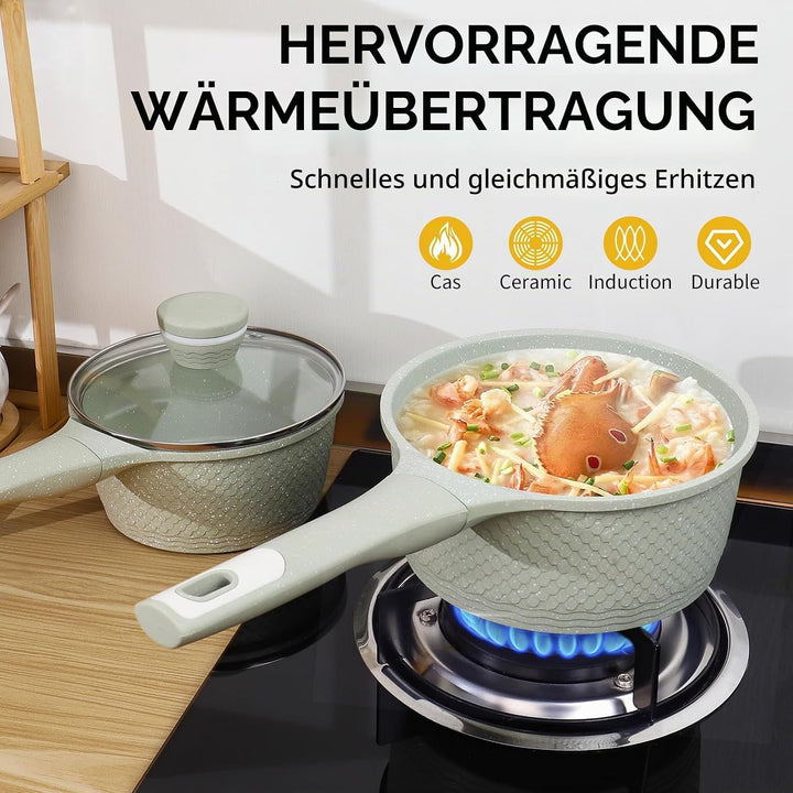 DYGG Stielkasserolle 16 cm mit Deckel 1.5L - Töpfe Antihaftbeschichtet für alle Herde inkl. Induktio