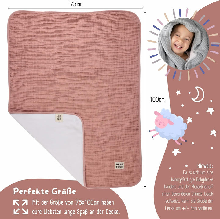 BEARFOOT Babydecke - Musselin Fleecedecke (Baumwolle, Fleece) flauschig weiche Kuscheldecke, Baby/Ne