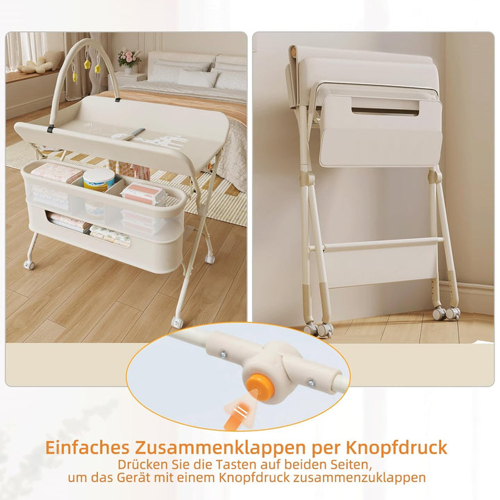 Klappbare Wickelkommode, Baby Wickelkombi, mobiler Wickeltisch mit Wickelauflage und Ablagefächern,