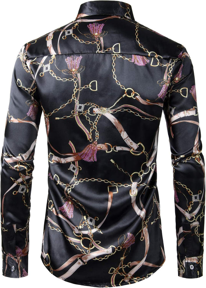 PARKLEES Lässiges, luxuriöses Herrenhemd, bedruckt, seidenähnlich, Satin, Knopfleiste, für Party, Ho