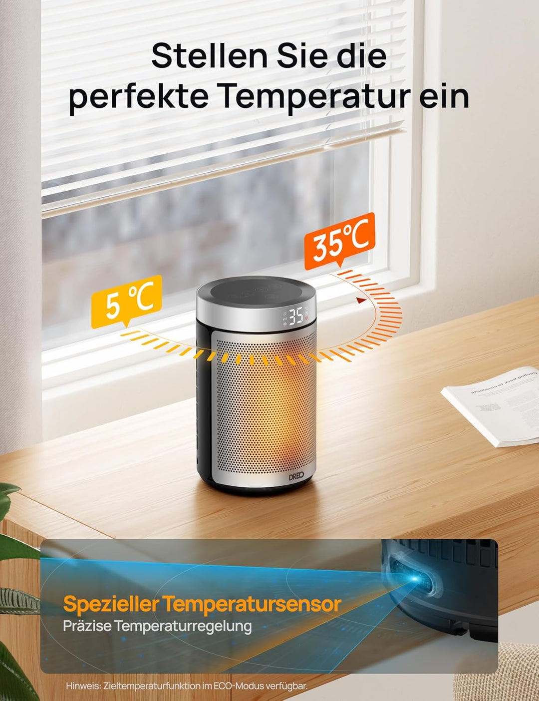 Dreo Energiesparender Heizlüfter, 34 dB Leiser 1500W Elektrischer PTC Keramik, Thermostat, Überhitzu