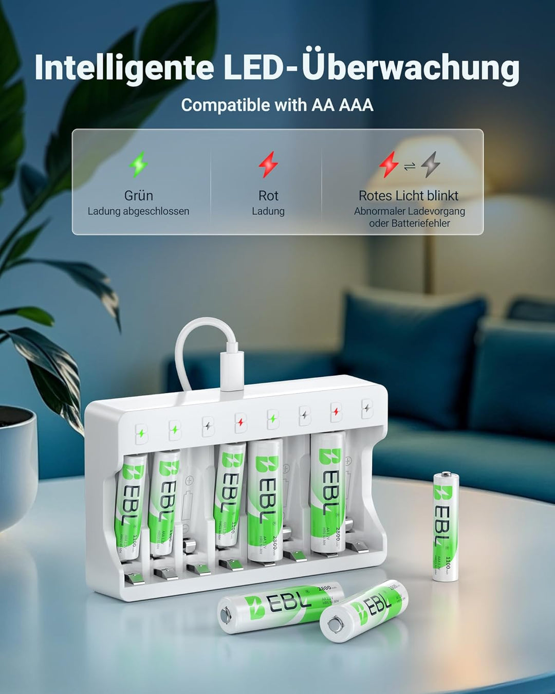 EBL Akku ladegerät mit 8*AA 2800mAh Schnell Akkuladegerät für 8X NiMH AA/AAA Akkus &amp; wiederaufladbar