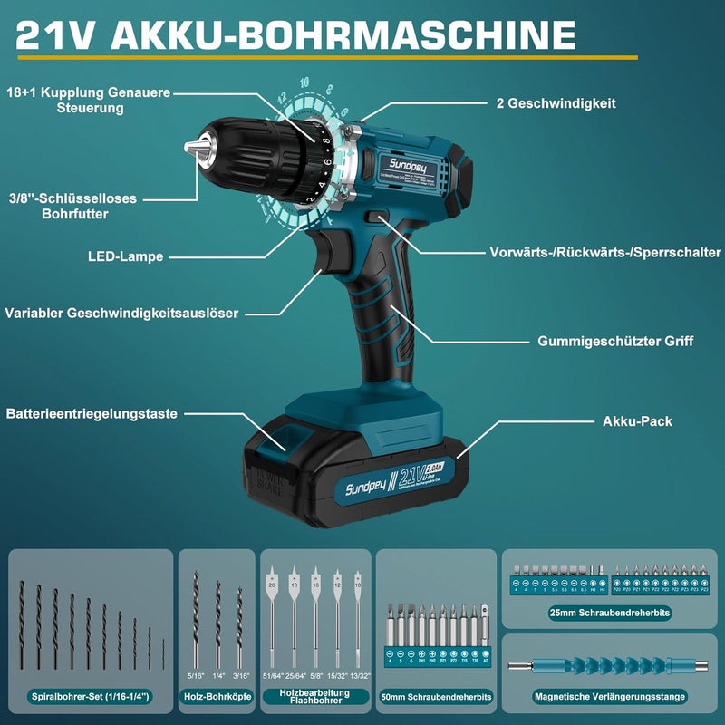 Werkzeugkoffer 255 tlg mit Akkuschrauber 21V - Sundpey Akkuschrauber Set mit 2 * 2000mAh Akku Werkze