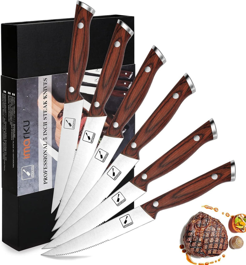 imarku Steakmesser 6-teilig Set aus deutsche Edelstahl mit Pakka-Holzgriff, scharfe gezahnte Pizzame