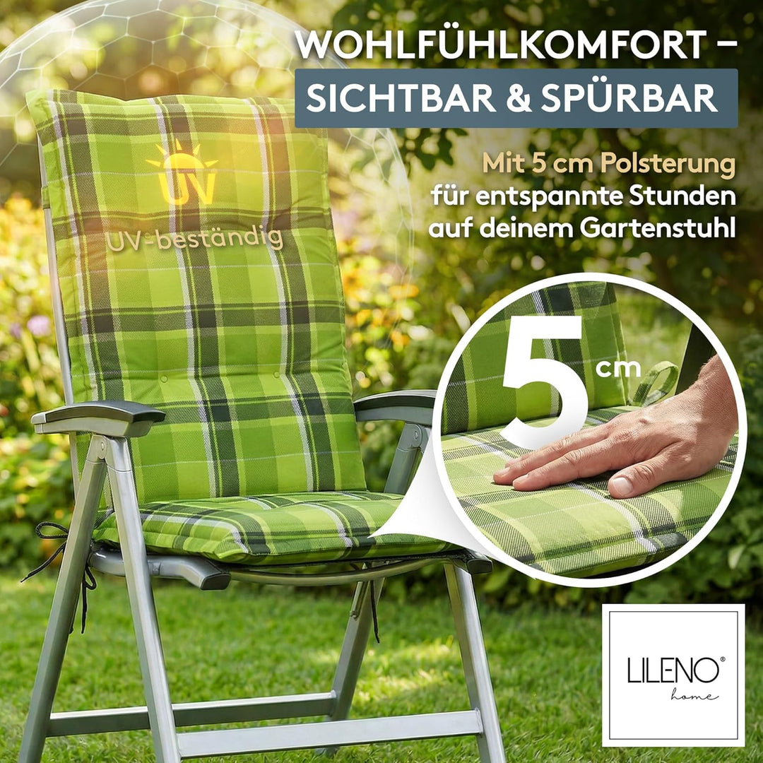 LILENO HOME Gartenstuhl Auflagen als [2er Set - Hochlehner] in Karo Grün - Bequeme Liegen als Sitzau
