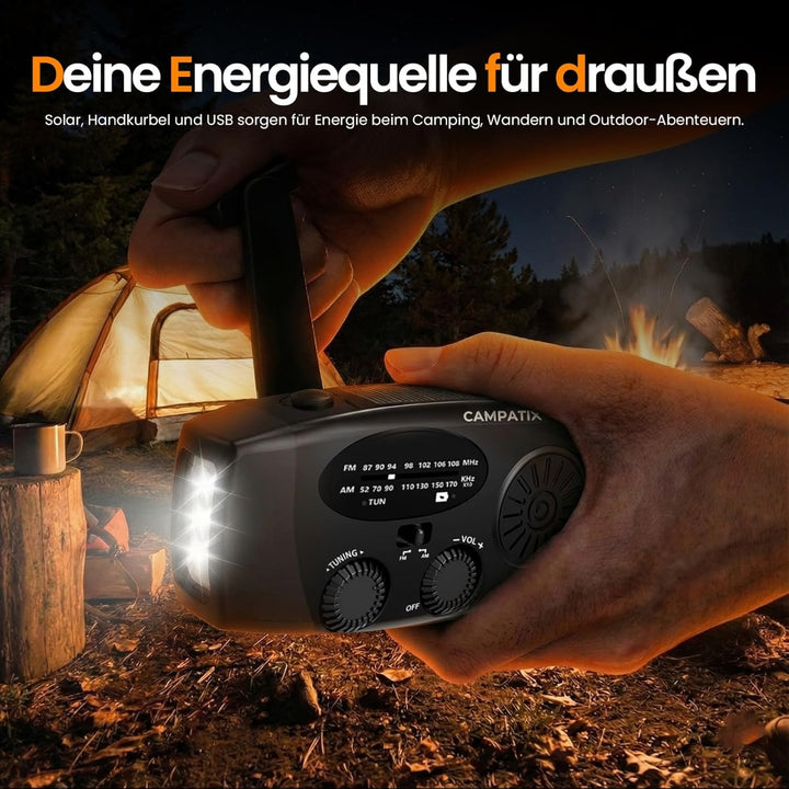 CAMPATIX Notfallradio mit 2000 mAh Solar-Powerbank, AM/FM Radio, USB-Ladung, LED, Taschenlampe, Hand