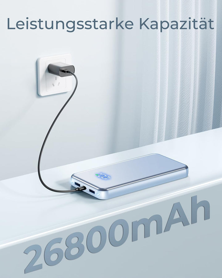 Power Bank, 30% Grössere Kapazität 26800mAh Powerbank, mit 3-in-1 Kabel,Blau