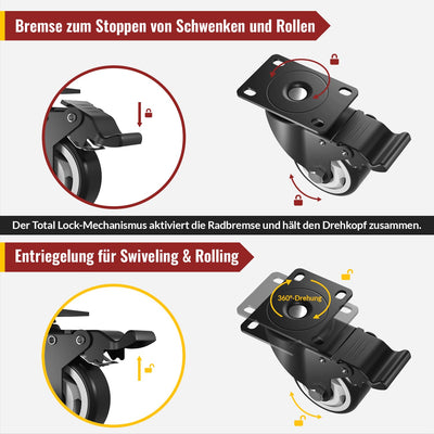 100mm Lenkrollen mit Sicherheitsbremse 4er Set Schwerlastrollen (2 mit Bremsen und 2 ohne) Möbelroll