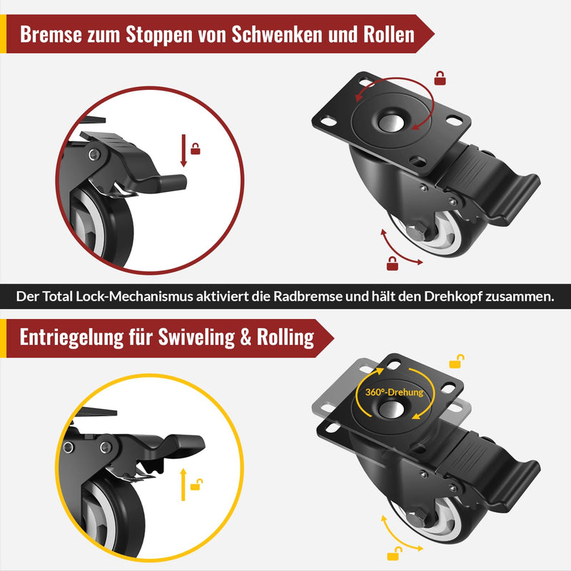 100mm Lenkrollen mit Sicherheitsbremse 4er Set Schwerlastrollen (2 mit Bremsen und 2 ohne) Möbelroll