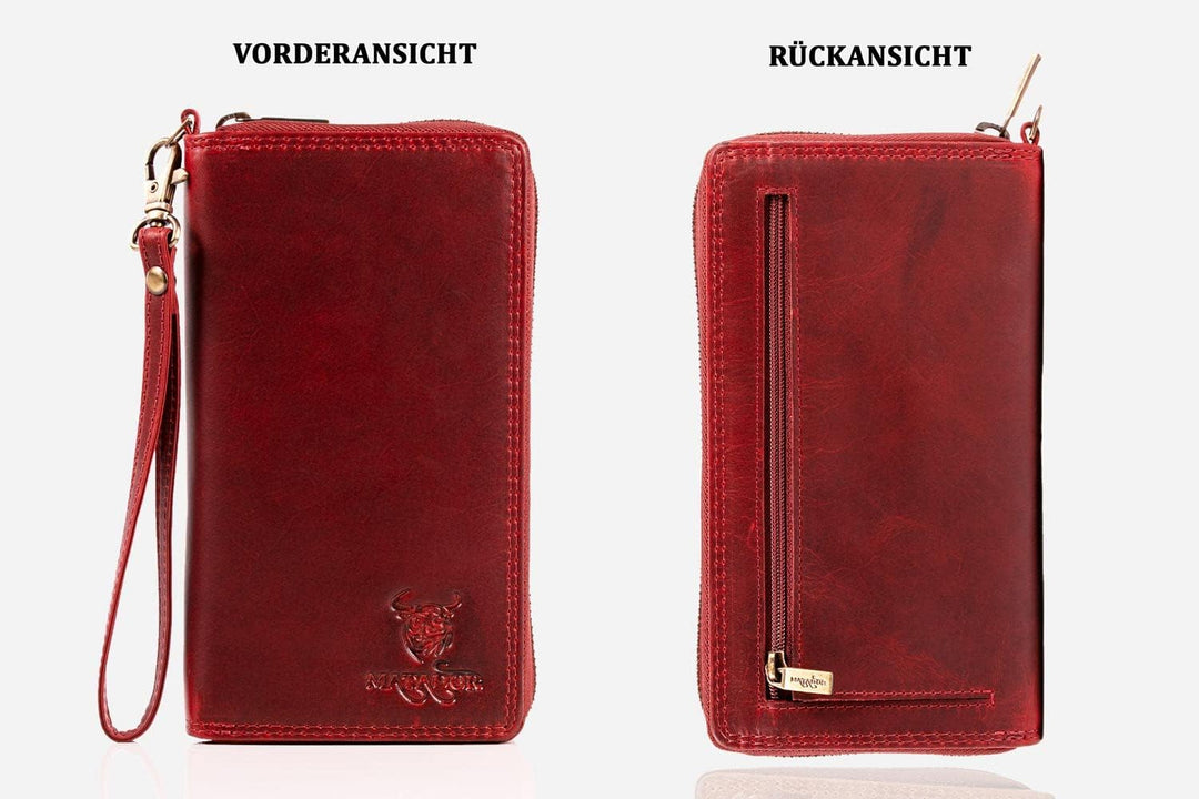Matador Geldbörse Damen Leder Geldbeutel Echt Leder Langbörse Frauen Rot Viele Kartenfächer TüV Gepr