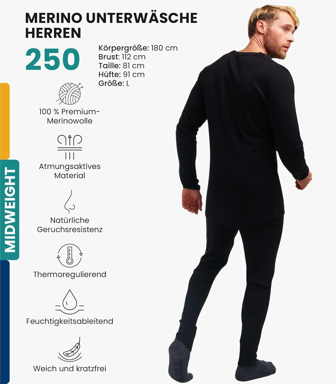 Merino.tech 100% Merino Unterwäsche Herren Set - Leicht, Mittelgewicht, Thermounterwäsche Merinowoll