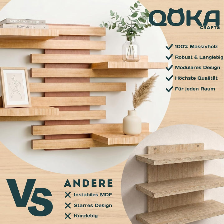 Wandregal Holz Hängend - Modulares Bücherregal Set aus Massivholz - Schwebendes Regalbrett für Wohnz