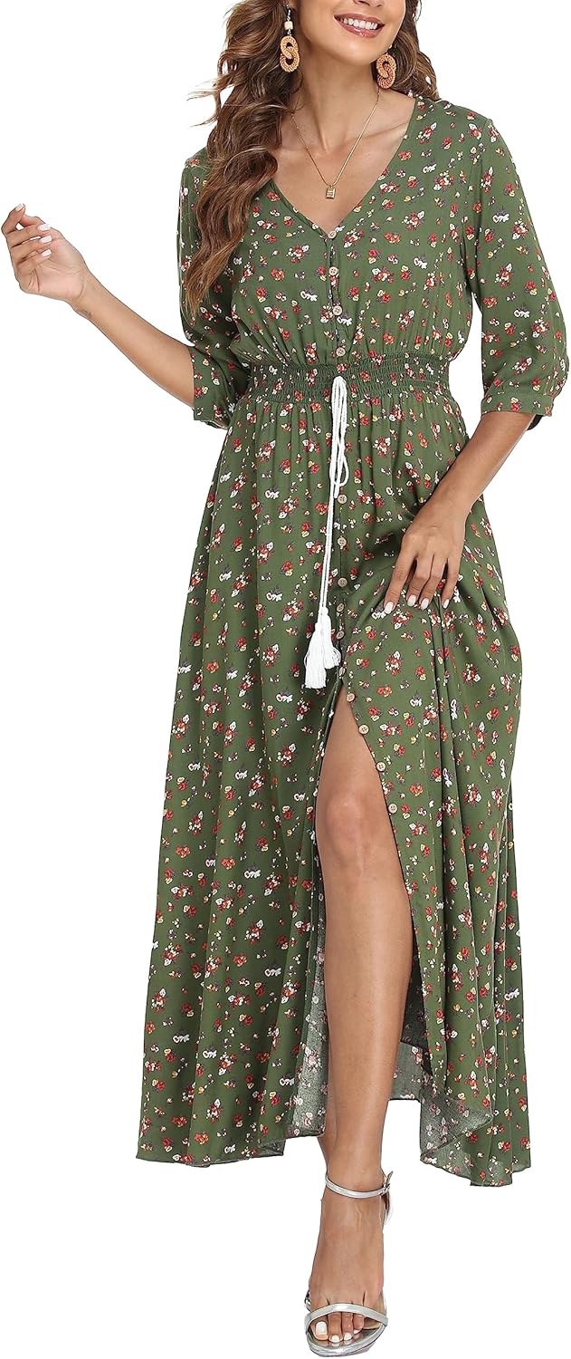 Damen Lange Split Knopf Up Sommer Maxikleid Floral Strandwear Holidy Kleid Hohe Taille mit kurzen Är