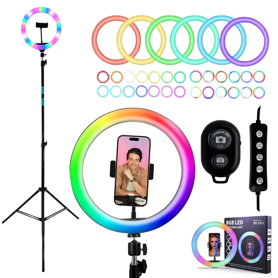 RGB LED Ringlicht mit 210cm Stativ und Selfie Auslöser + Ring Light Smartphone Halterung Tripod Beau
