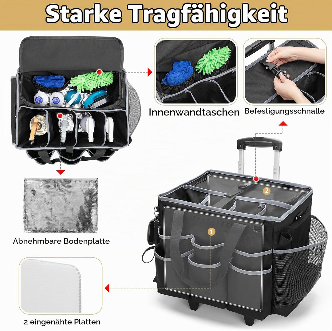 Grosser Reinigungs Caddie mit Abnehmbarem Trolley und Schultergurt, Reinigungsmittel Tasche mit Umla