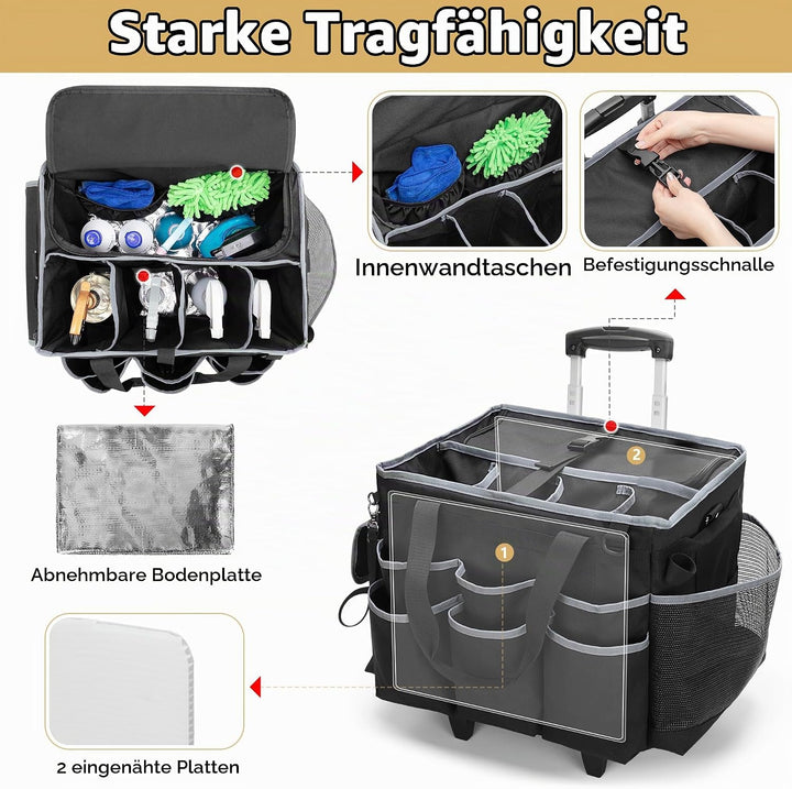 Grosser Reinigungs Caddie mit Abnehmbarem Trolley und Schultergurt, Reinigungsmittel Tasche mit Umla