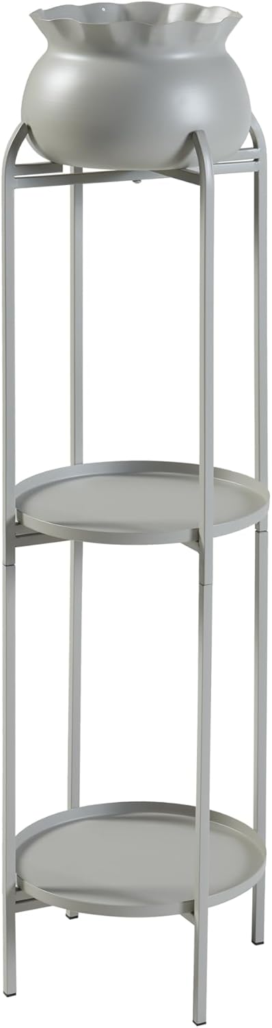 [en.casa] Blumenständer Altena Pflanzenständer mit Blumentopf und 2 Ablagen Metall Hellgrau Pflanzen