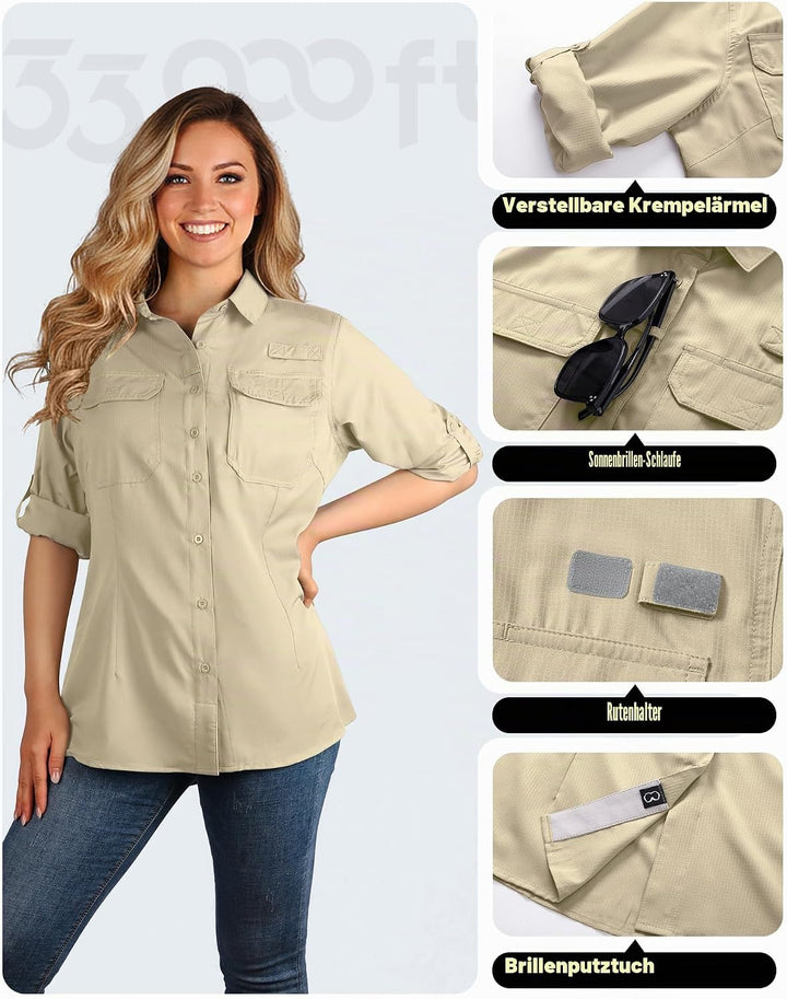 33,000ft Hemdbluse Damen UPF50 UV Schutz Hemd Schnelltrocknende Button-Down Shirts Atmungsaktive Wan