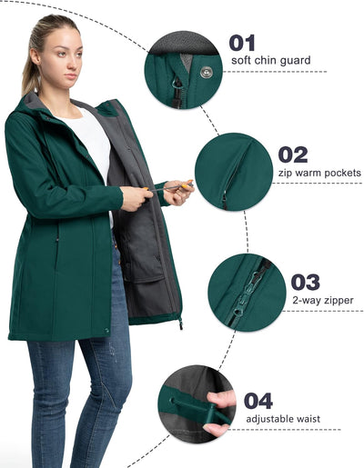 33,000ft Damen Leichte Wasserdichte Softshell Regenjacke Lange Funktionsjacke Übergangsjacke Windjac