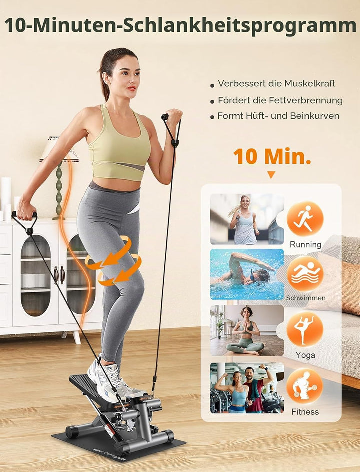 Sportsroyals Up-Down-Twister Stepper für Zuhause,Mini Stepper 150kg mit Power Ropes& LCD Display，Hom
