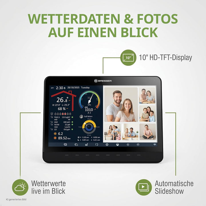 Bresser MeteoChamp 9-in-1 WLAN-Wetterstation mit digitalem Bilderrahmen, HD-Display, Luftqualitätsan