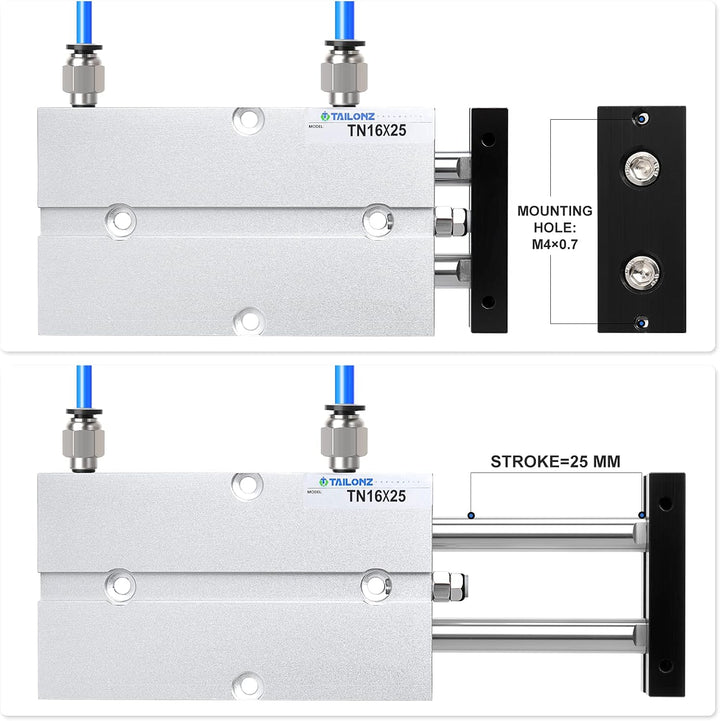 TAILONZ PNEUMATIC 16mm Bohrung 25mm Hub Doppelstange Doppeltwirkend Aluminium Druckluftzylinder TN16