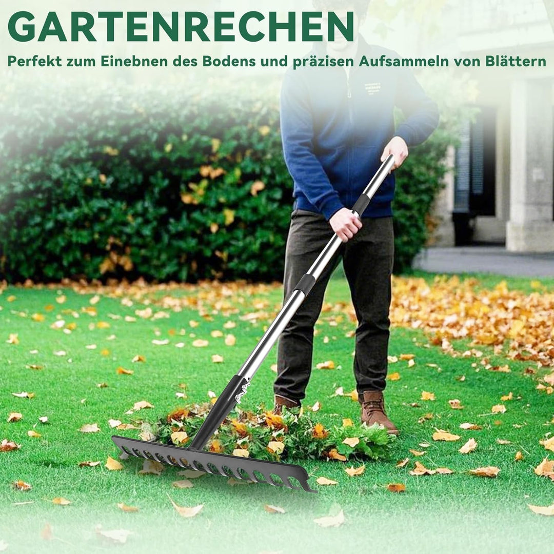 Harke Garten mit Stiel, Gartenrechen aus Metall mit 14 Zinken, Laubrechen mit Edelstahl Stiel zum Lo
