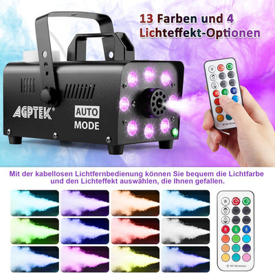 Nebelmaschine, AGPtEK Rauchmaschine mit 13 farbigen LED Lichtern und RGB Effekt, 500W und 2000CFM mi