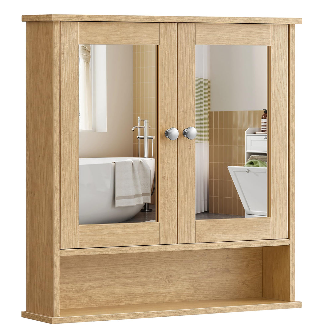 VASAGLE Spiegelschrank, Badschrank, Wandschrank, Hängeschrank mit 2 Spiegeltüren und offenem Fach, v