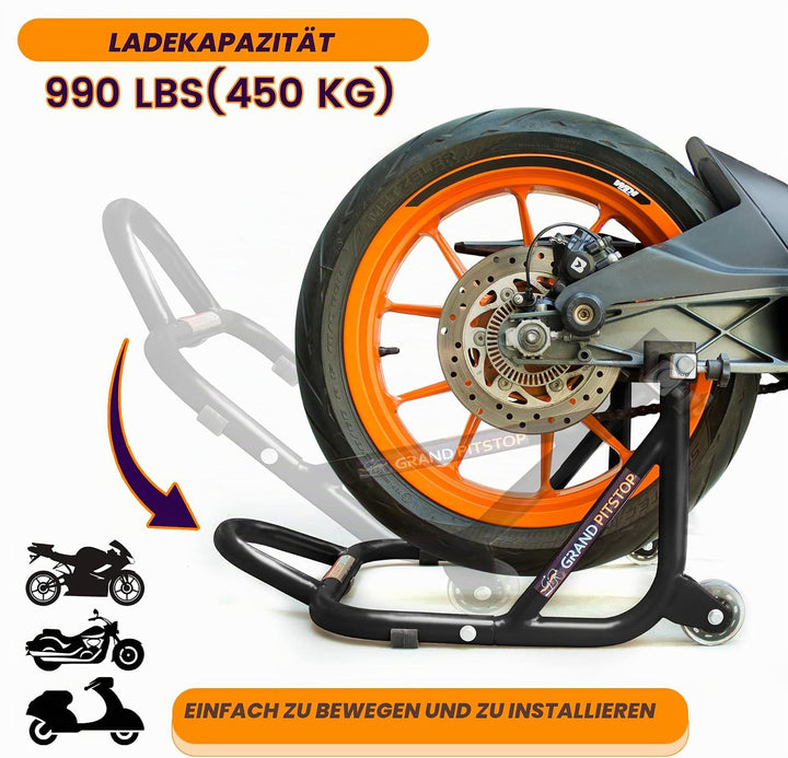 Grand Pitstop Universal Rear Paddock Stand for Bike Attached Skate Wheels with Swingarm Rest (Disman