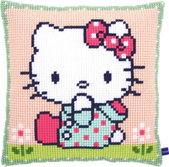 Vervaco Wiese Kreuzstichkissen/Stickkissen vorgedruckt, Baumwolle, Hello Kitty: On The Lawn, 40 x 40