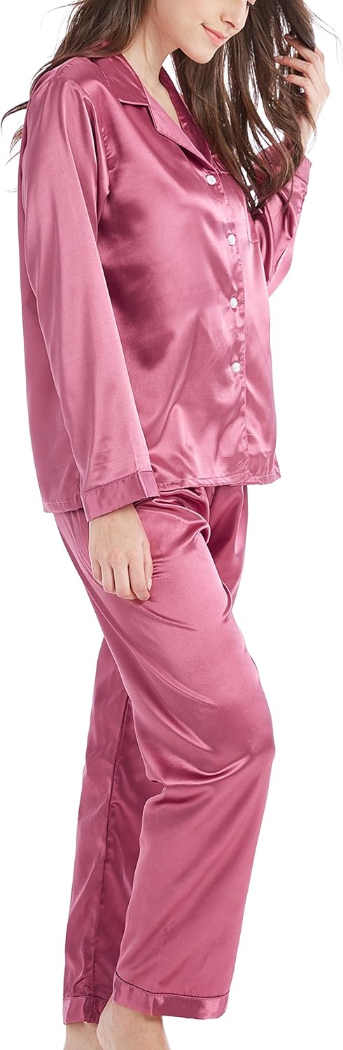 Damen Schlafanzug Pyjama Satin Lang Nachtwäsche Set Klassische Loungewear S Beere, S Beere