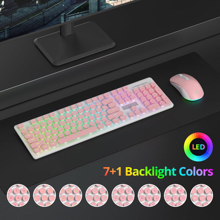 SOLIDEE Beleuchtetes Kabellose Tastatur und Maus Set, 2.4 GHz Wiederaufladbar, Rosa Retro Schreibmas