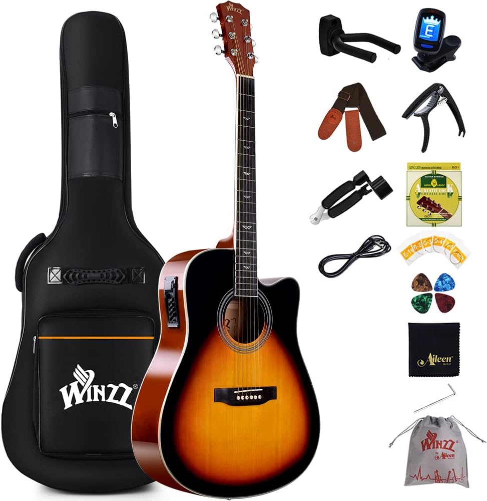 Winzz 4/4 Elektro-Akustische Gitarre, Westerngitarre Set Erwachsene Anfänger, Akustikgitarre 41 Zoll