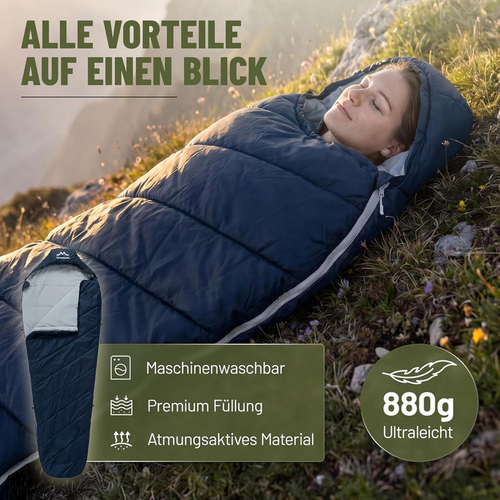 ALPENWERT® Schlafsack Sommer Ultraleicht & klein [15x27cm Packmass] – Wasserabweisend, YKK Reissvers