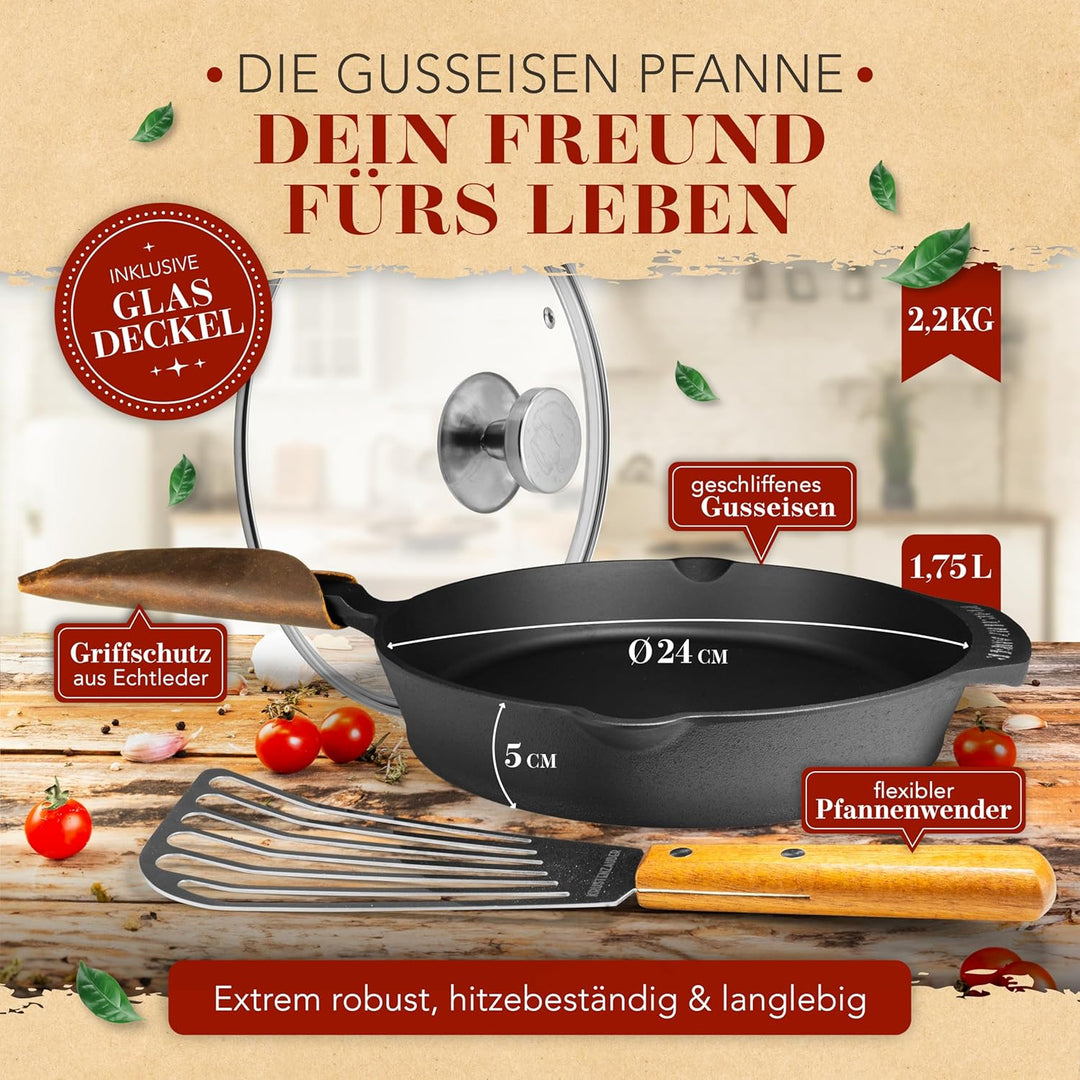 KRUSTENZAUBER Gusseisenpfanne Induktion 24cm inkl. Deckel und Pfannenwender - Geschliffene Pfanne Gu