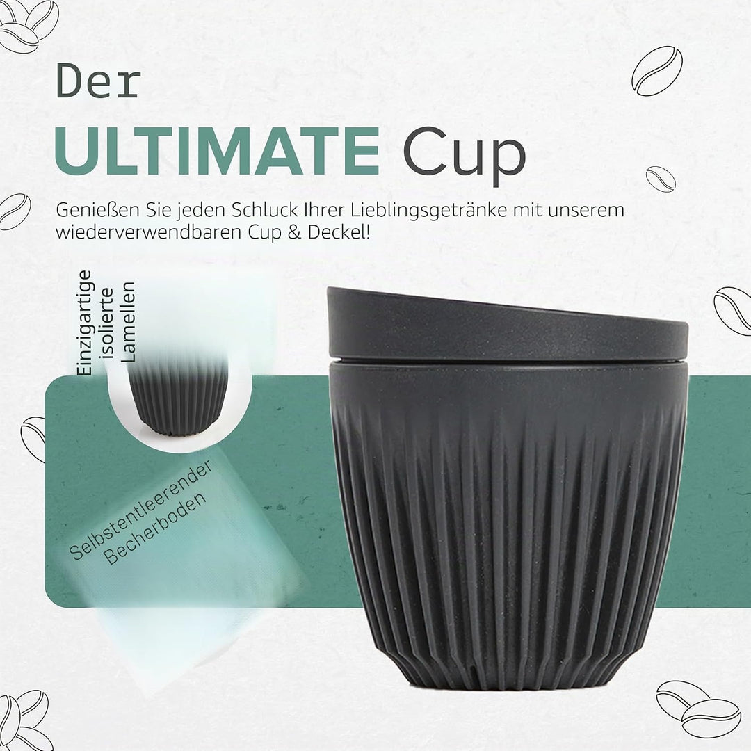 Huskee Cup &amp; LID Charcoal | Wiederverwendbare Kaffee &amp; Tee-Becher aus Kaffee-Schalen Schwarz 2 Stück