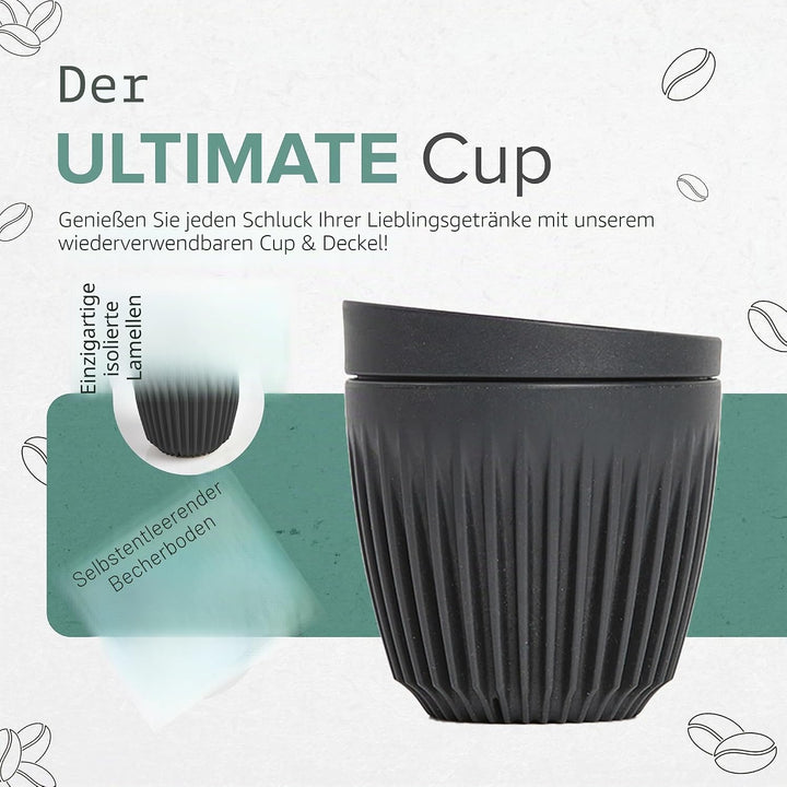 Huskee Cup &amp; LID Charcoal | Wiederverwendbare Kaffee &amp; Tee-Becher aus Kaffee-Schalen Schwarz 2 Stück