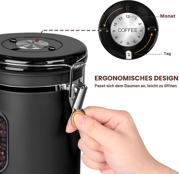 ROCKY&CHAO Kaffeedose Luftdicht aus Edelstahl 1,8L Kaffeebhnen Behälter Vorratsdose für Tee Nüsse Ka