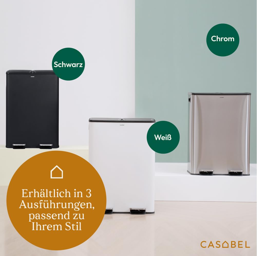 CASABEL Selektive Sortierung Küchenabfallbehälter 60L - 2 x 30 Liter, Doppelfächer, Edelstahl gebürs