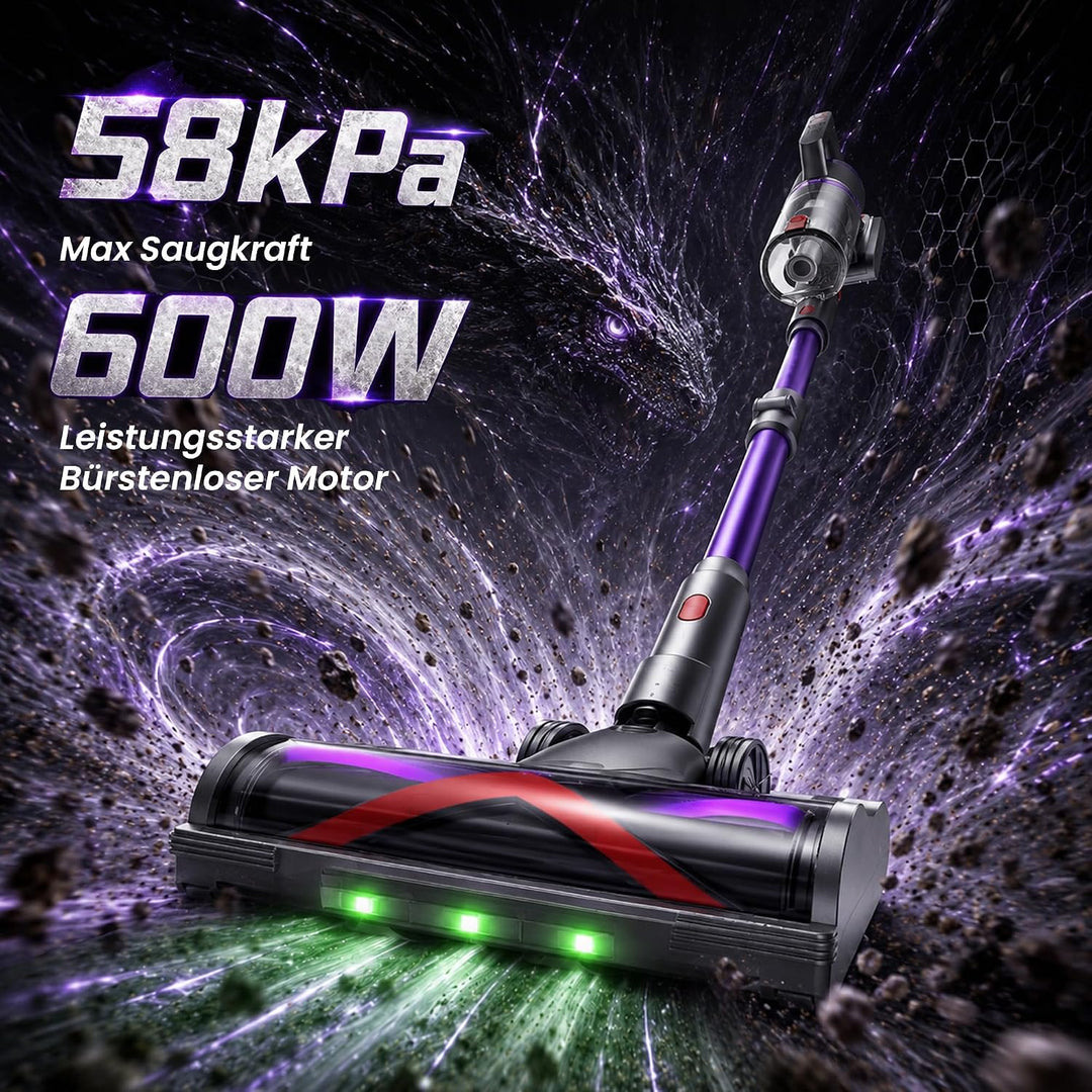Akku Staubsauger, 600W/58000Pa/75Min, Laufzeit Staubsauger Kabellos mit Smart LED Display und Ladest
